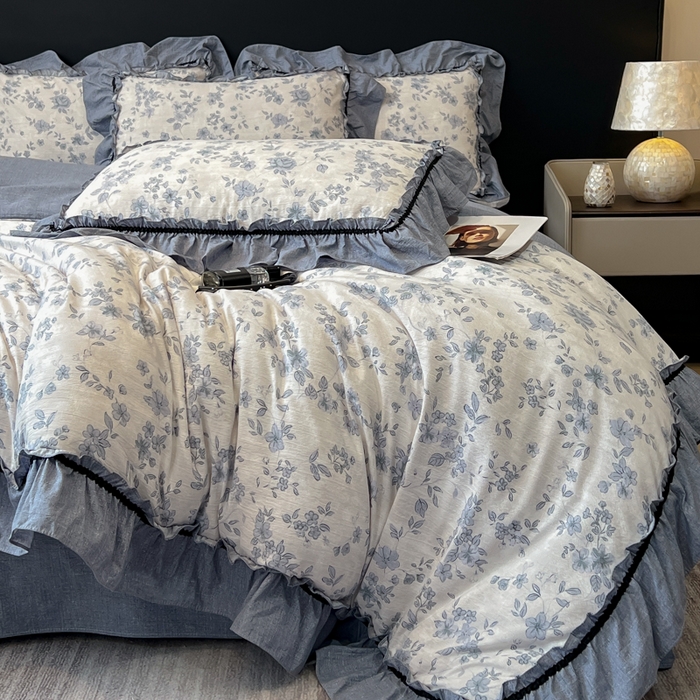 91家纺网 家纺一手货源 找家纺 玉海棠家纺 2025新款法式花边棉麻四件套 云间花