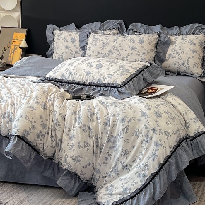 91家纺网 家纺一手货源 找家纺 玉海棠家纺 2025新款法式花边棉麻四件套 云间花