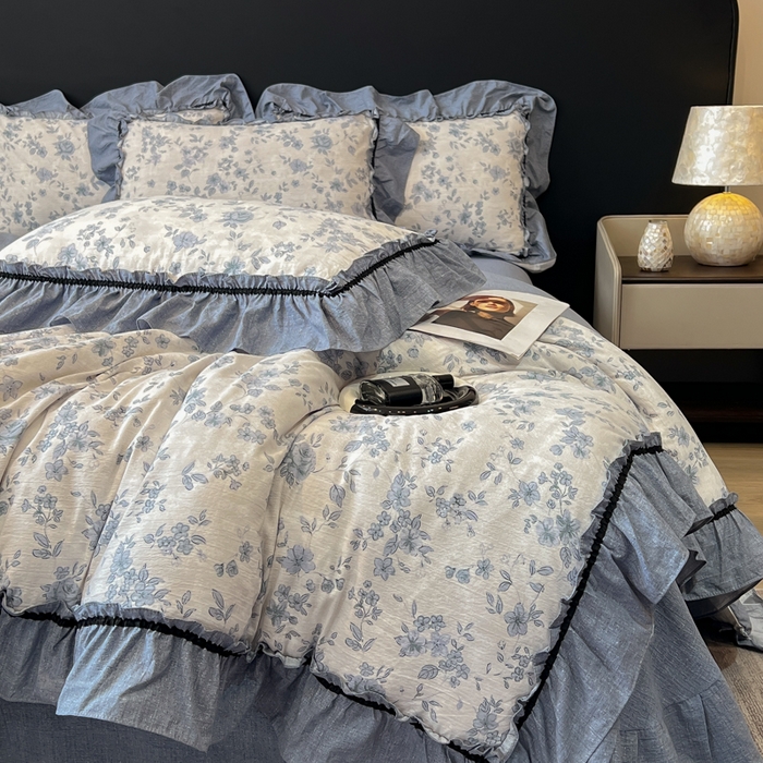 91家纺网 家纺一手货源 找家纺 玉海棠家纺 2025新款法式花边棉麻四件套 云间花