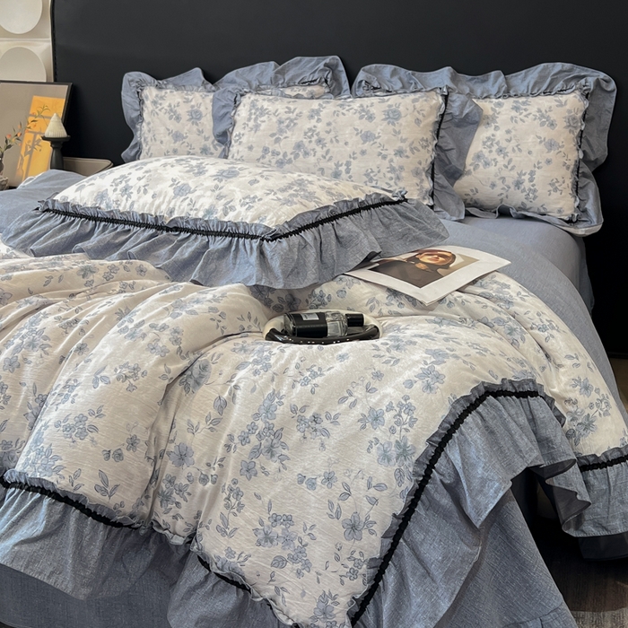 91家纺网 家纺一手货源 找家纺 玉海棠家纺 2025新款法式花边棉麻四件套 云间花