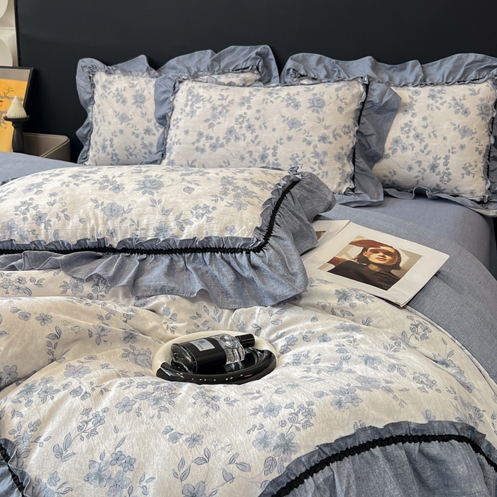 91家纺网 家纺一手货源 找家纺 玉海棠家纺 2025新款法式花边棉麻四件套 云间花