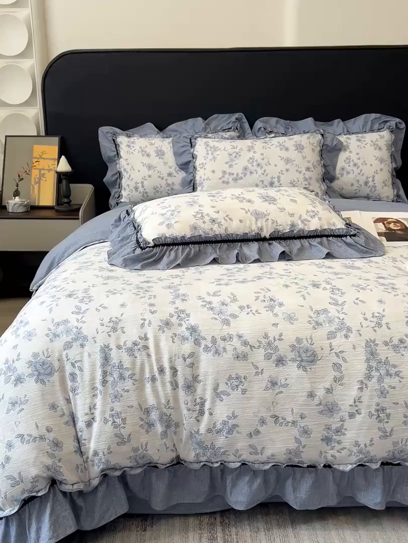 91家纺网 家纺一手货源 找家纺 玉海棠家纺 2025新款法式花边棉麻四件套 云间花