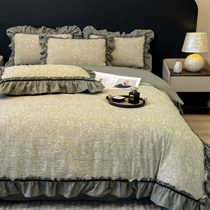 91家纺网 家纺一手货源 找家纺 玉海棠家纺 2025新款法式花边棉麻四件套 枝槿