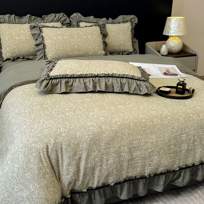 91家纺网 家纺一手货源 找家纺 玉海棠家纺 2025新款法式花边棉麻四件套 枝槿