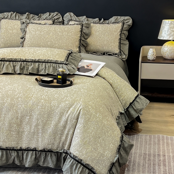 91家纺网 家纺一手货源 找家纺 玉海棠家纺 2025新款法式花边棉麻四件套 枝槿