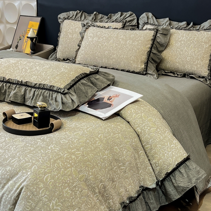 91家纺网 家纺一手货源 找家纺 玉海棠家纺 2025新款法式花边棉麻四件套 枝槿