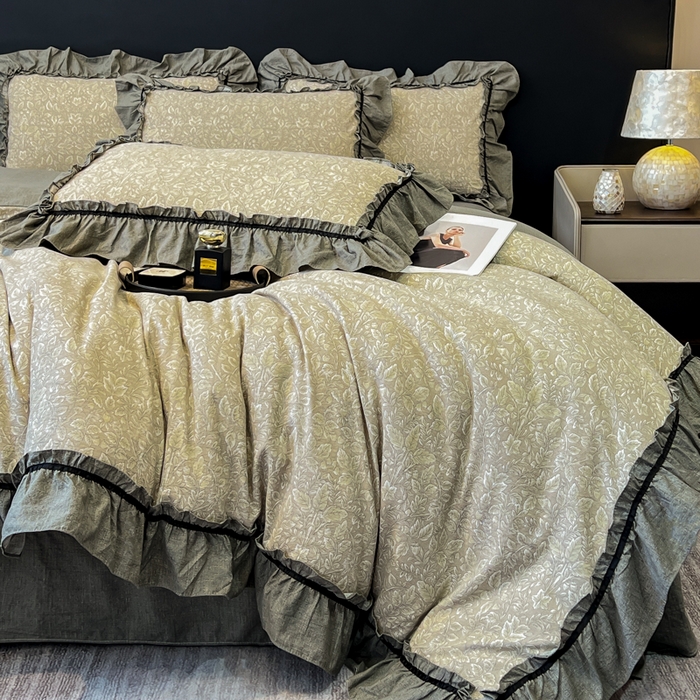 91家纺网 家纺一手货源 找家纺 玉海棠家纺 2025新款法式花边棉麻四件套 枝槿