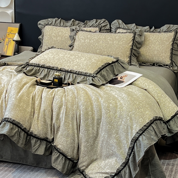 91家纺网 家纺一手货源 找家纺 玉海棠家纺 2025新款法式花边棉麻四件套 枝槿