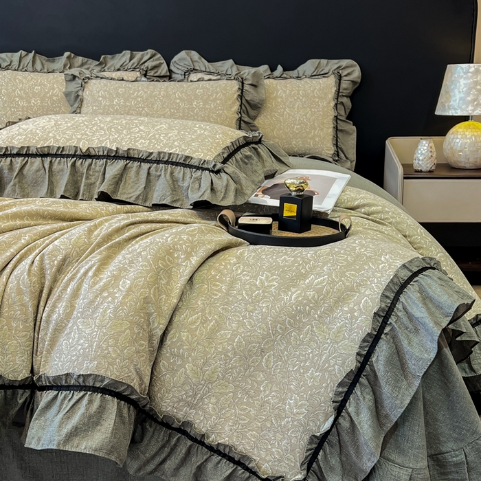 91家纺网 家纺一手货源 找家纺 玉海棠家纺 2025新款法式花边棉麻四件套 枝槿