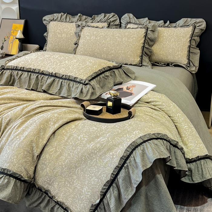 91家纺网 家纺一手货源 找家纺 玉海棠家纺 2025新款法式花边棉麻四件套 枝槿