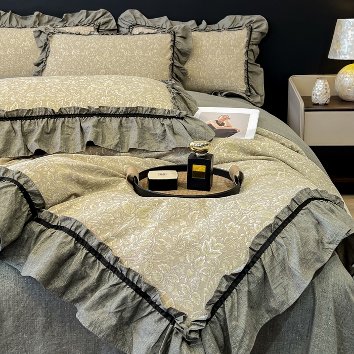 91家纺网 家纺一手货源 找家纺 玉海棠家纺 2025新款法式花边棉麻四件套 枝槿