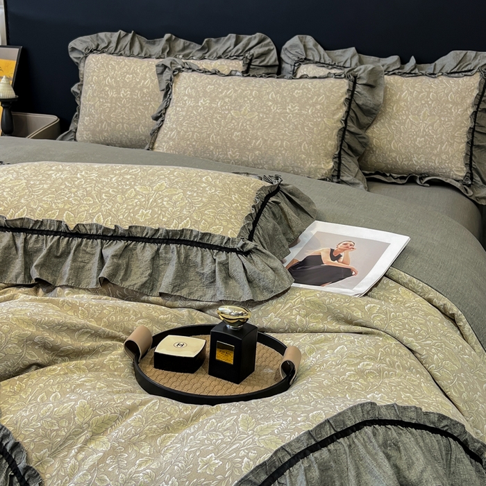 91家纺网 家纺一手货源 找家纺 玉海棠家纺 2025新款法式花边棉麻四件套 枝槿