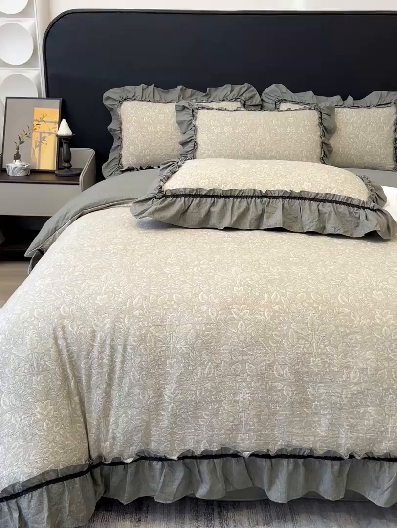 91家纺网 家纺一手货源 找家纺 玉海棠家纺 2025新款法式花边棉麻四件套 枝槿