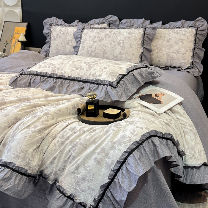 91家纺网 家纺一手货源 找家纺 玉海棠家纺 2025新款法式花边棉麻四件套 枝满园