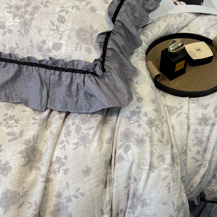 91家纺网 家纺一手货源 找家纺 玉海棠家纺 2025新款法式花边棉麻四件套 枝满园