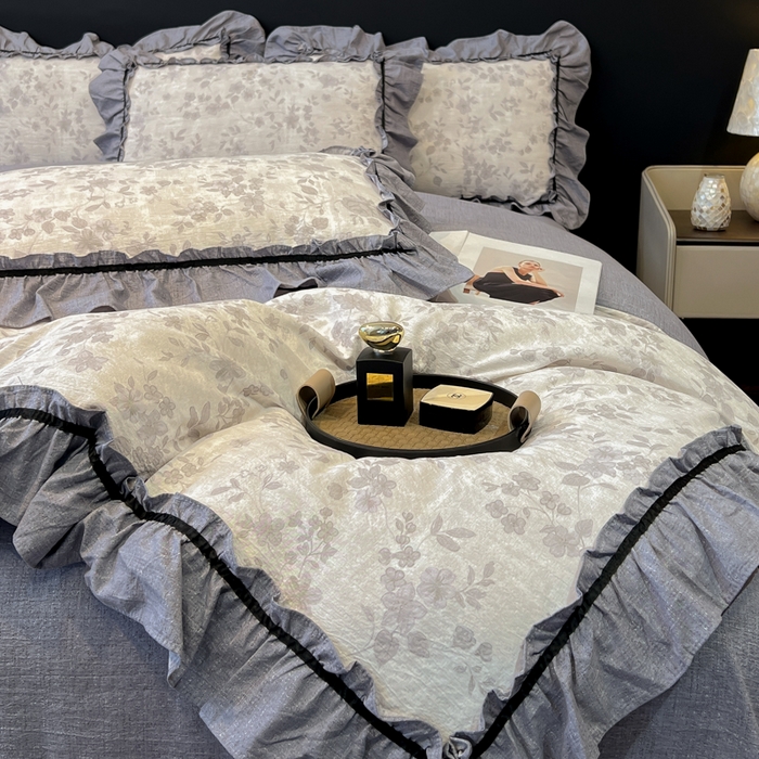 91家纺网 家纺一手货源 找家纺 玉海棠家纺 2025新款法式花边棉麻四件套 枝满园