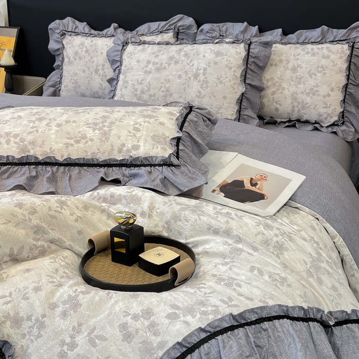 91家纺网 家纺一手货源 找家纺 玉海棠家纺 2025新款法式花边棉麻四件套 枝满园