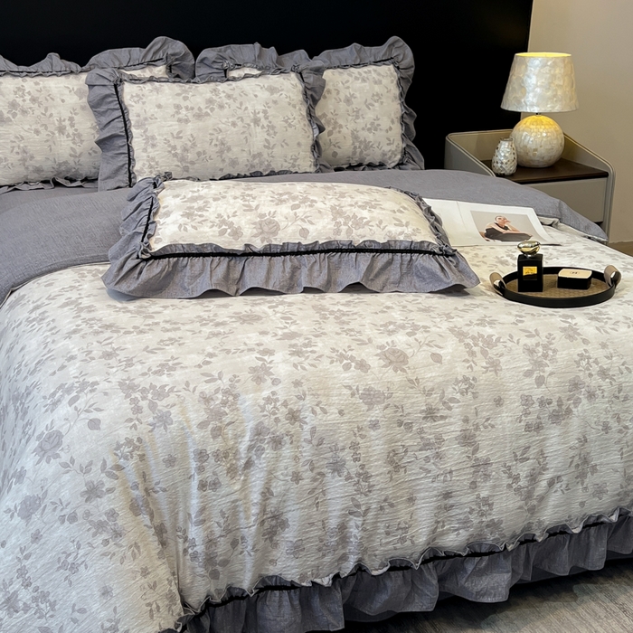 91家纺网 家纺一手货源 找家纺 玉海棠家纺 2025新款法式花边棉麻四件套 枝满园