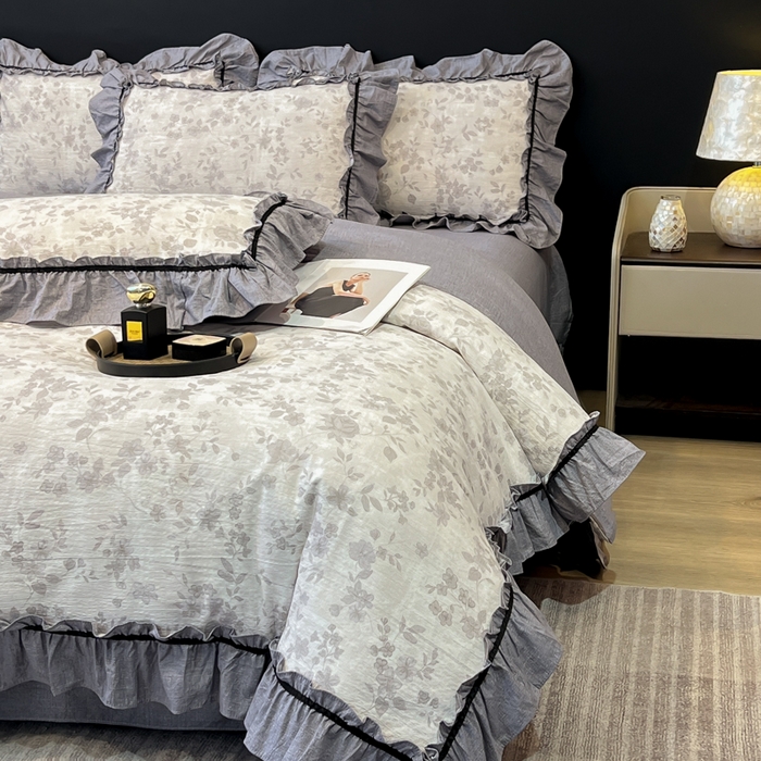 91家纺网 家纺一手货源 找家纺 玉海棠家纺 2025新款法式花边棉麻四件套 枝满园