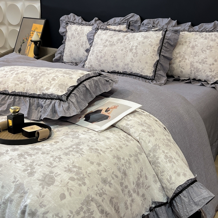 91家纺网 家纺一手货源 找家纺 玉海棠家纺 2025新款法式花边棉麻四件套 枝满园