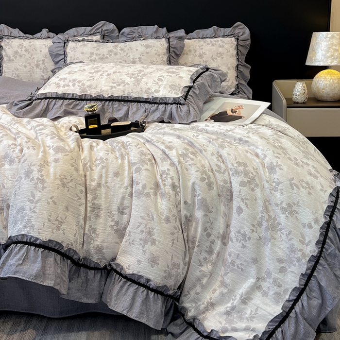 91家纺网 家纺一手货源 找家纺 玉海棠家纺 2025新款法式花边棉麻四件套 枝满园