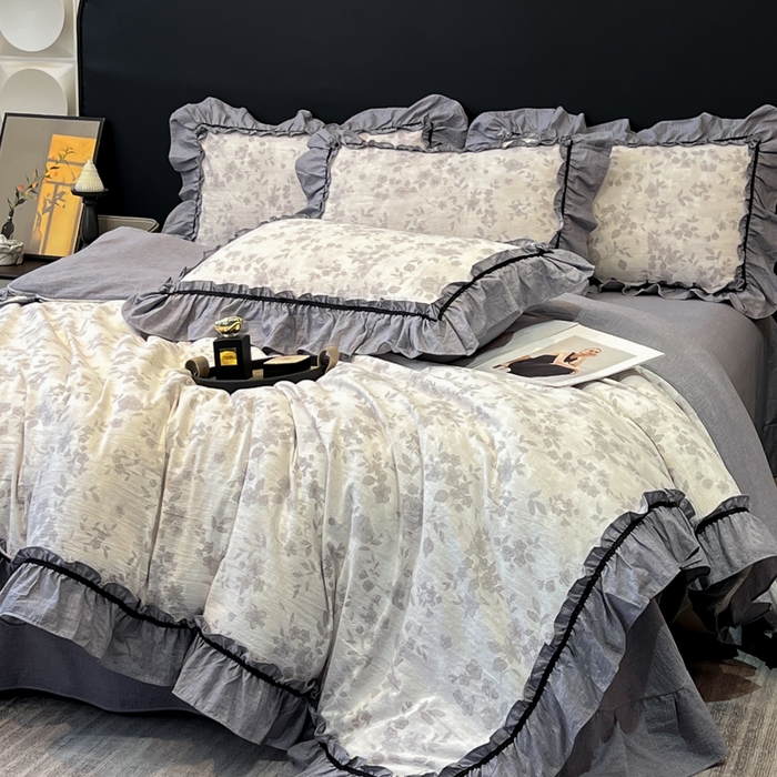 91家纺网 家纺一手货源 找家纺 玉海棠家纺 2025新款法式花边棉麻四件套 枝满园