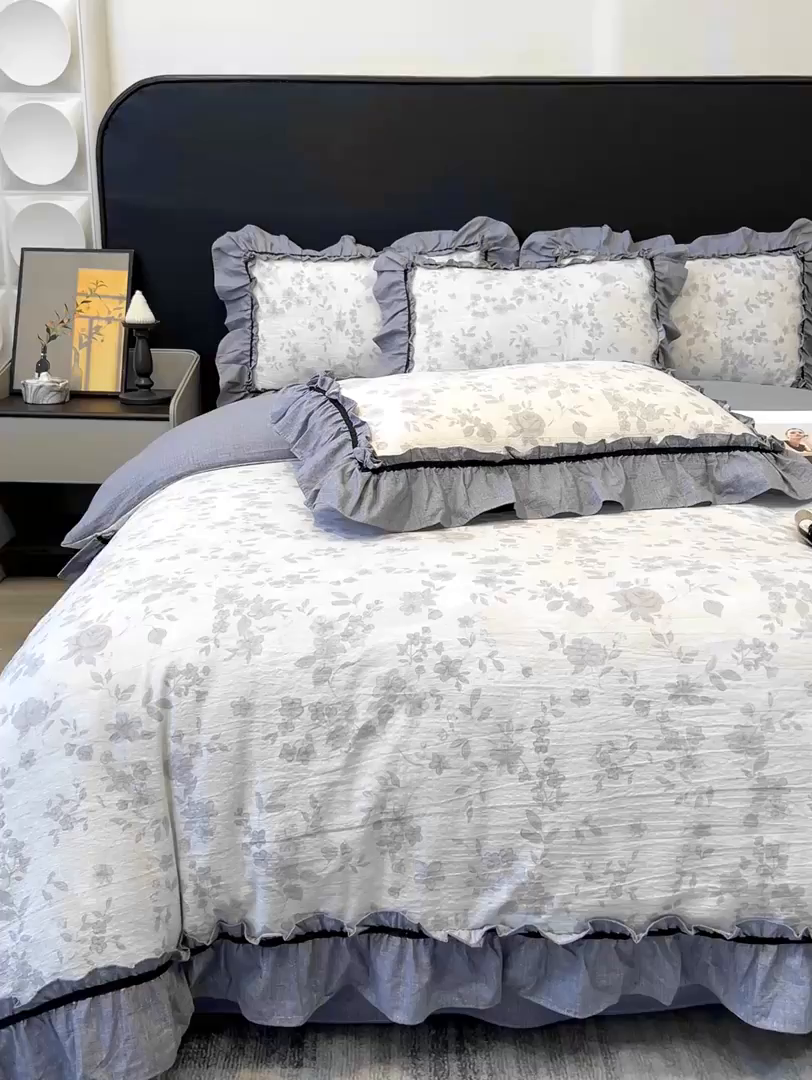 91家纺网 家纺一手货源 找家纺 玉海棠家纺 2025新款法式花边棉麻四件套 枝满园