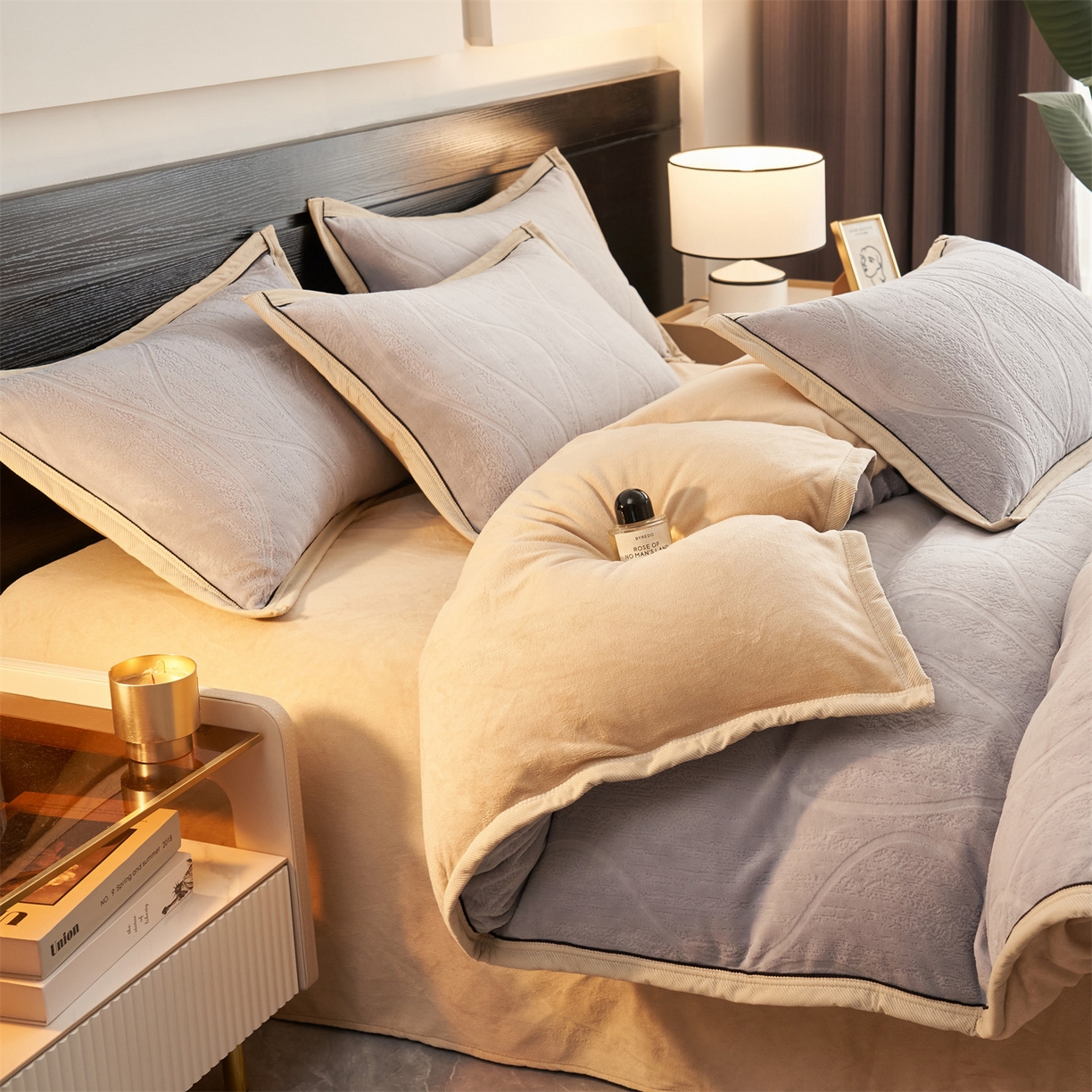 91家纺网 家纺一手货源 找家纺 恒爱家纺 2025新款牛奶绒纯色烂花四件套 卡曼-绅士灰