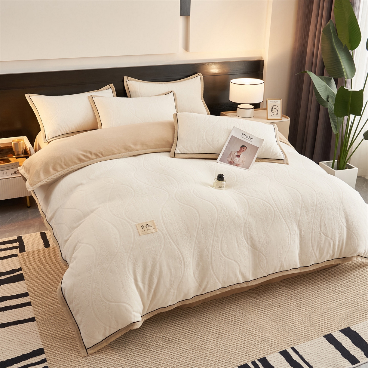 91家纺网 家纺一手货源 找家纺 恒爱家纺 2025新款牛奶绒纯色烂花四件套 卡曼-象牙白