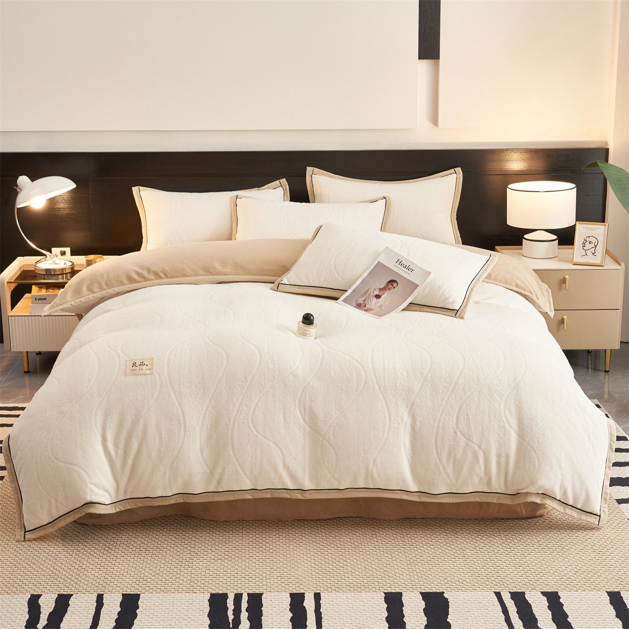 91家纺网 家纺一手货源 找家纺 恒爱家纺 2025新款牛奶绒纯色烂花四件套 卡曼-象牙白