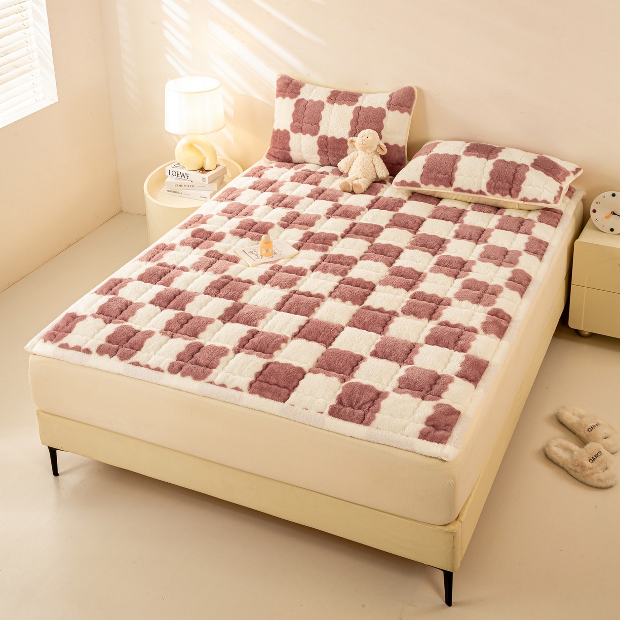 91家纺网 家纺一手货源 找家纺 眠势力 2025新款北极绒床垫加绒牛奶绒床褥子秋冬保暖珊瑚绒夹棉床护垫 棋盘格-豆沙
