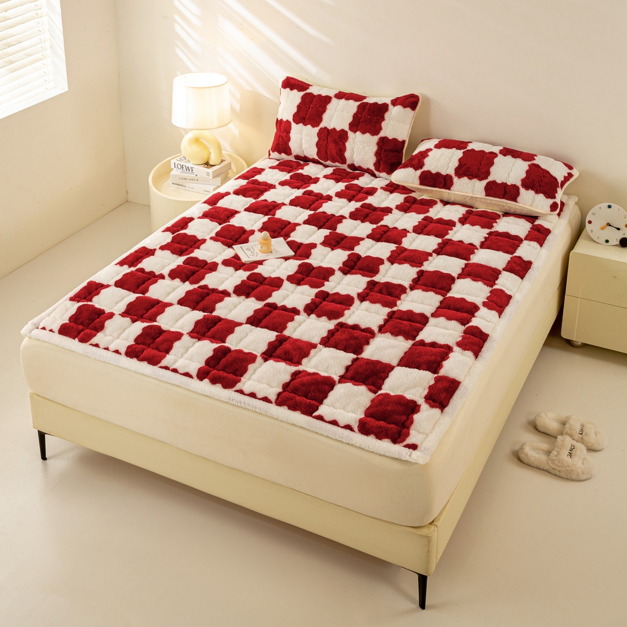 91家纺网 家纺一手货源 找家纺 眠势力 2025新款北极绒床垫加绒牛奶绒床褥子秋冬保暖珊瑚绒夹棉床护垫 棋盘格-海棠红
