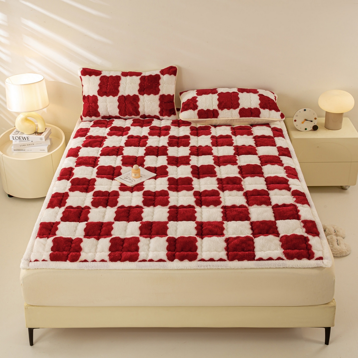 91家纺网 家纺一手货源 找家纺 眠势力 2025新款北极绒床垫加绒牛奶绒床褥子秋冬保暖珊瑚绒夹棉床护垫 棋盘格-海棠红