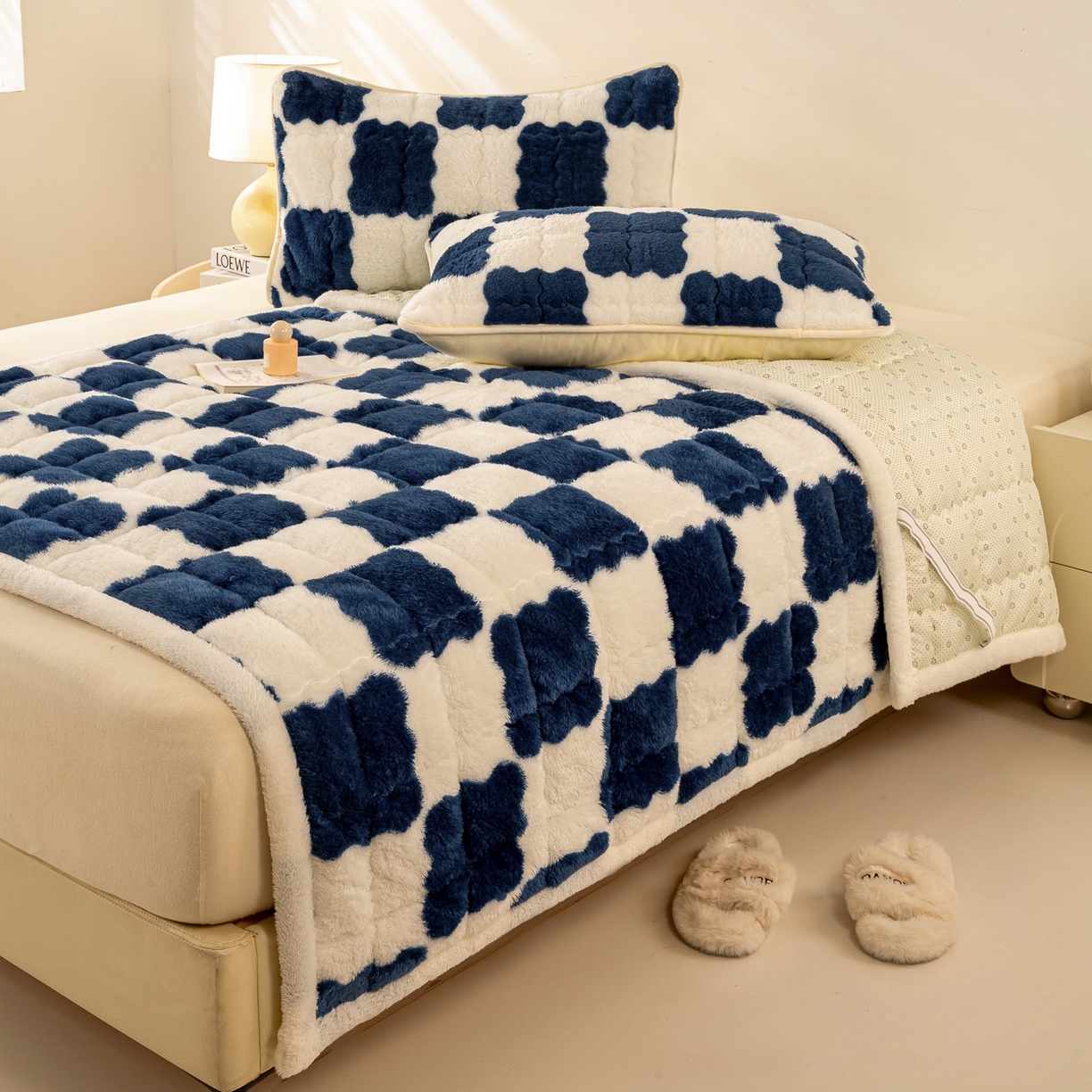 91家纺网 家纺一手货源 找家纺 眠势力 2025新款北极绒床垫加绒牛奶绒床褥子秋冬保暖珊瑚绒夹棉床护垫 棋盘格-海幽蓝