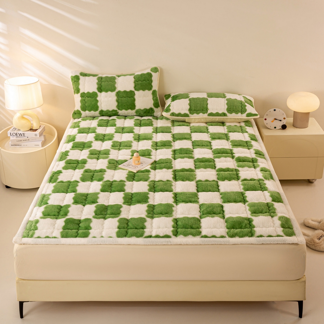 91家纺网 家纺一手货源 找家纺 眠势力 2025新款北极绒床垫加绒牛奶绒床褥子秋冬保暖珊瑚绒夹棉床护垫 棋盘格-嫩绿