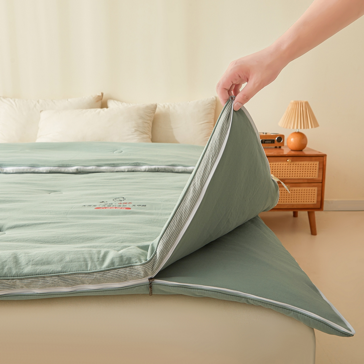 91家纺网 家纺一手货源 找家纺 逸居家纺 2025新款A类水洗棉立体边新疆棉花被子母被 新疆棉花子母被 青雅绿