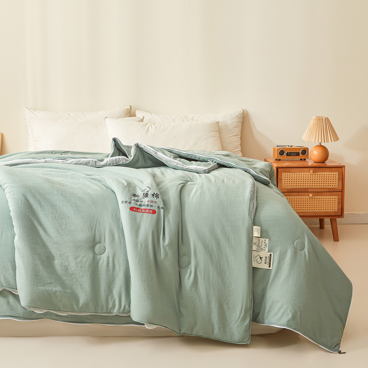 91家纺网 家纺一手货源 找家纺 逸居家纺 2025新款A类水洗棉立体边新疆棉花被子母被 新疆棉花子母被 青雅绿