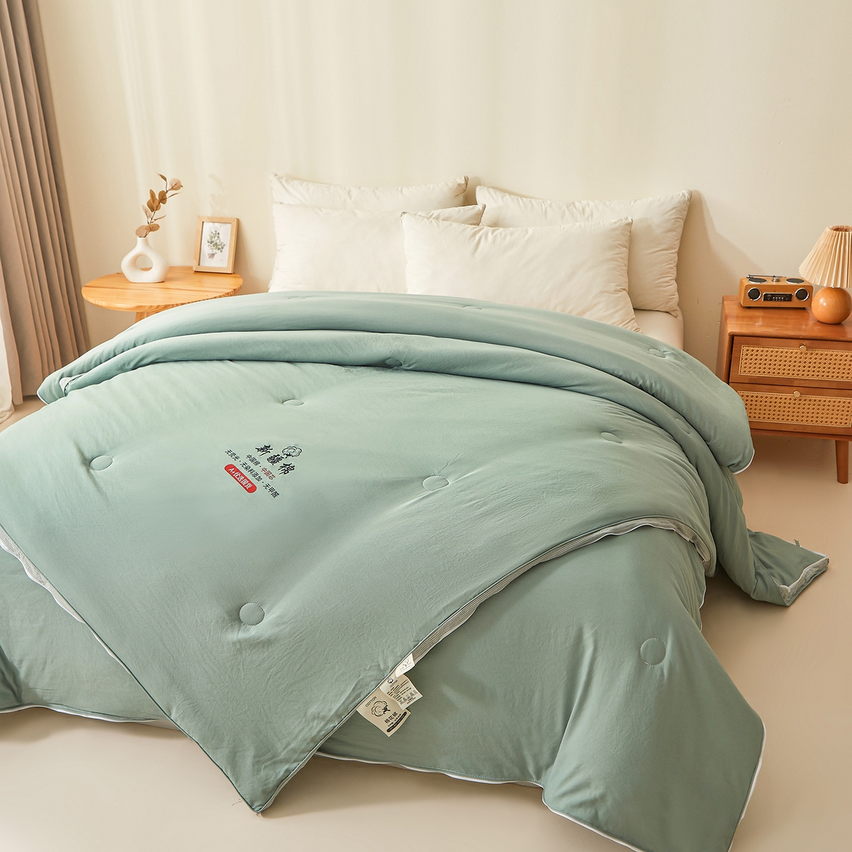 91家纺网 家纺一手货源 找家纺 逸居家纺 2025新款A类水洗棉立体边新疆棉花被子母被 新疆棉花子母被 青雅绿