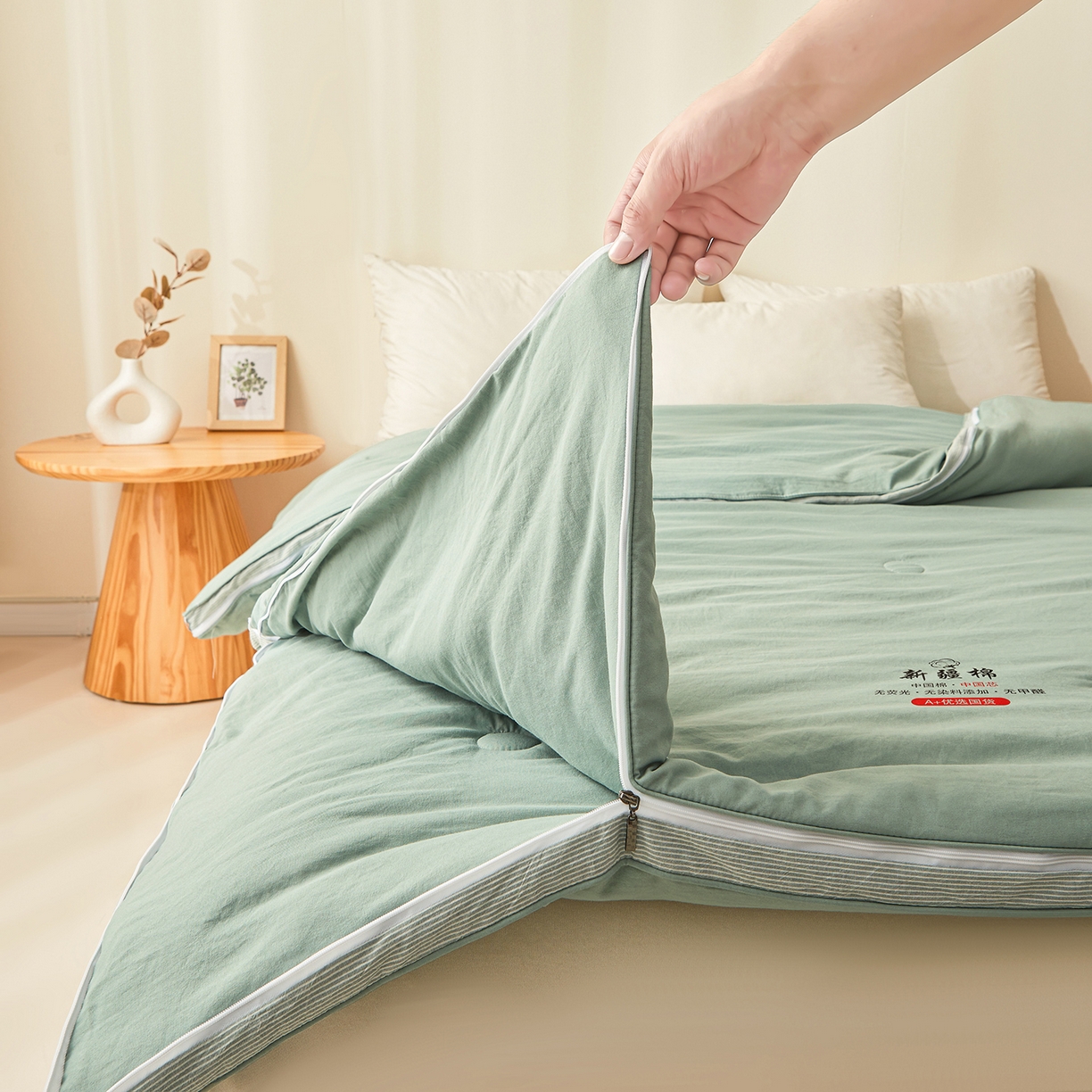 91家纺网 家纺一手货源 找家纺 逸居家纺 2025新款A类水洗棉立体边新疆棉花被子母被 新疆棉花子母被 青雅绿