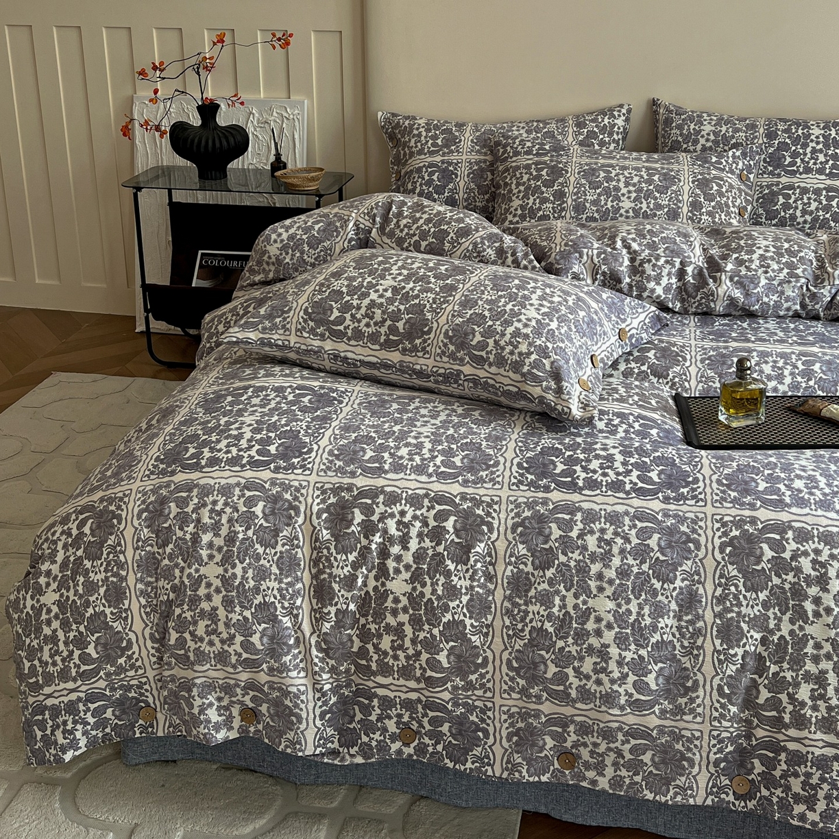 91家纺网 家纺一手货源 找家纺 （总）梦纤绒 2025新款亚麻纽扣款四件套