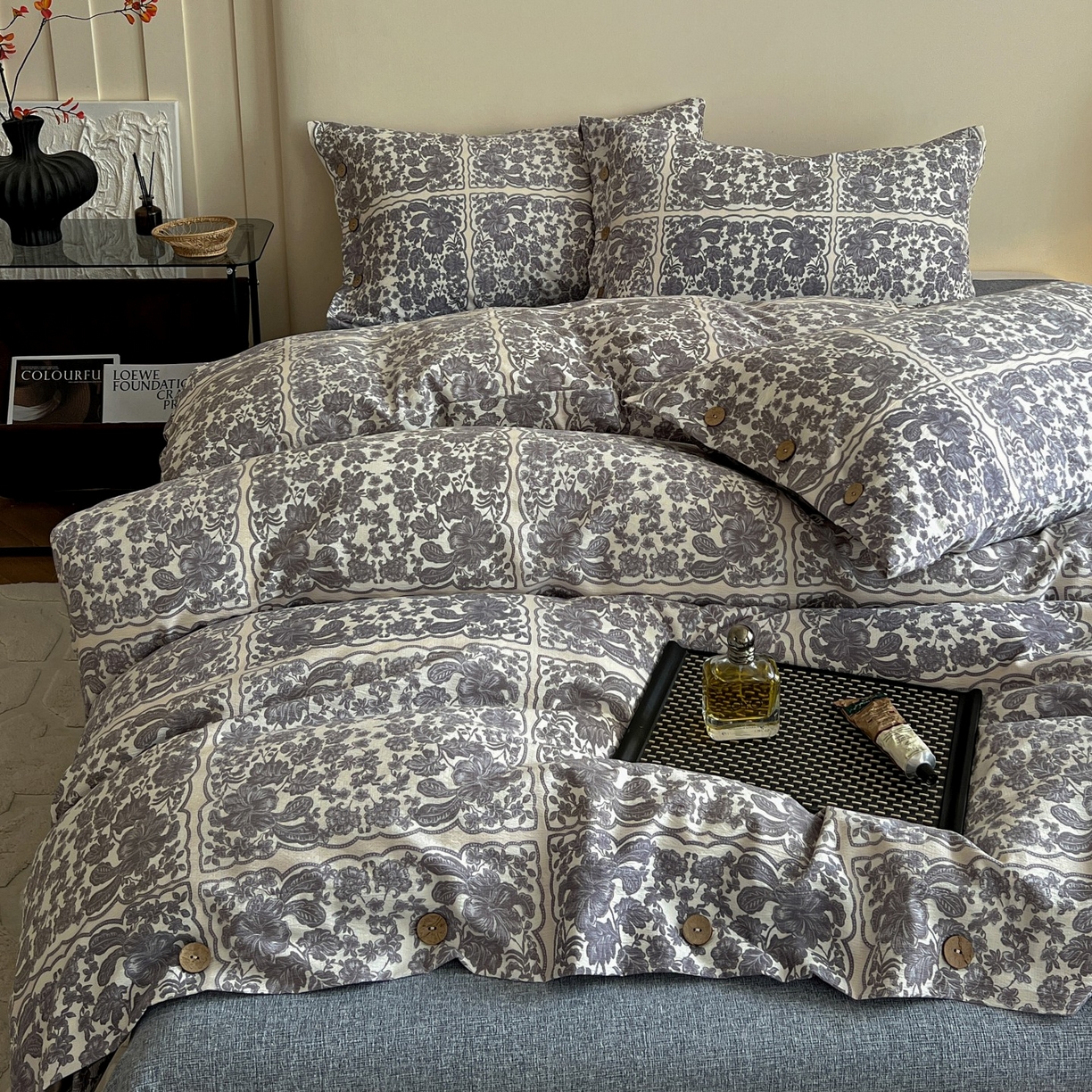 91家纺网 家纺一手货源 找家纺 （总）梦纤绒 2025新款亚麻纽扣款四件套