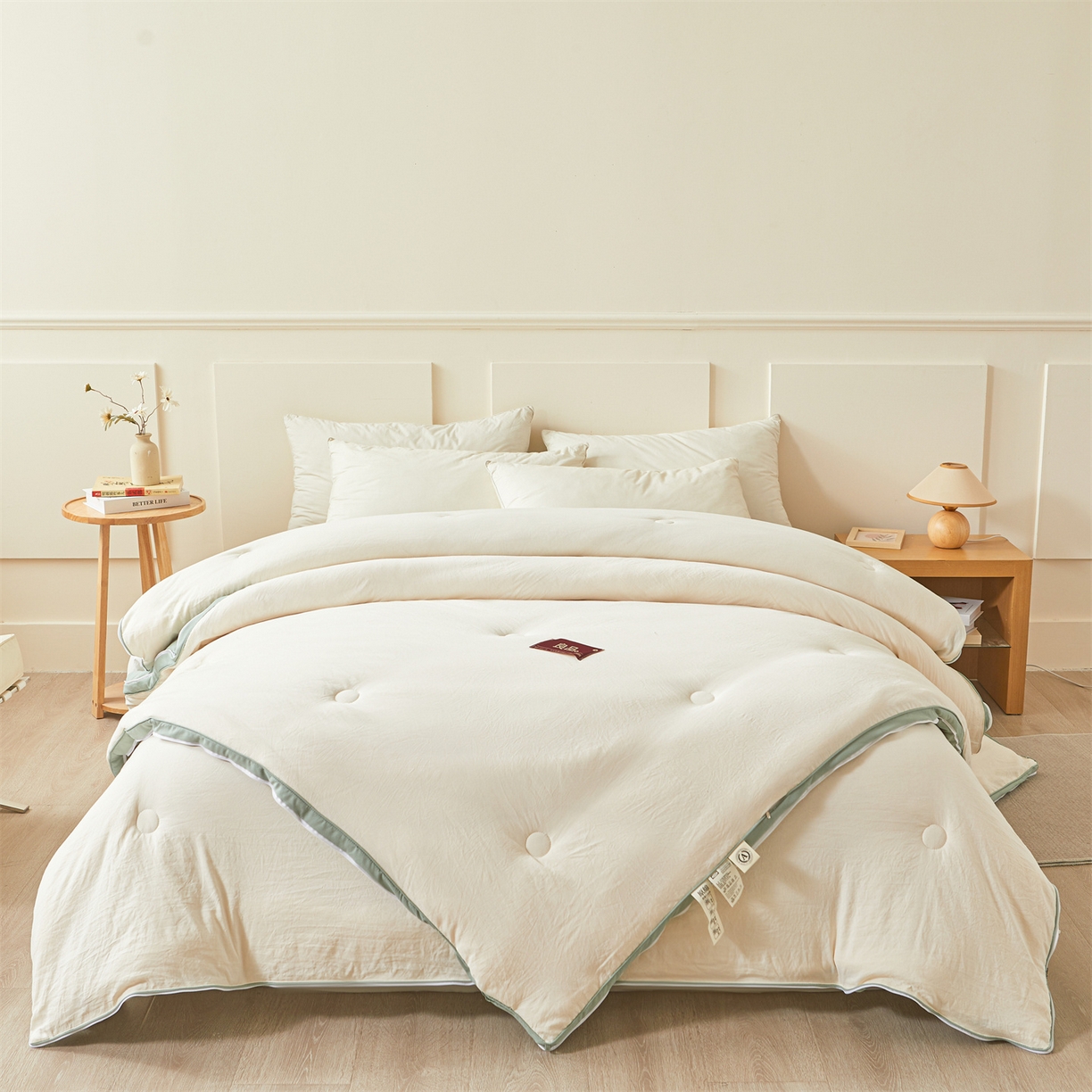 91家纺网 家纺一手货源 找家纺 逸居家纺 2025新款A类水洗棉立体边良品大豆被子母被 良品大豆子母被-白拼豆绿