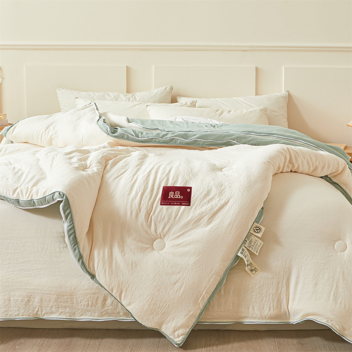 91家纺网 家纺一手货源 找家纺 逸居家纺 2025新款A类水洗棉立体边良品大豆被子母被 良品大豆子母被-白拼豆绿