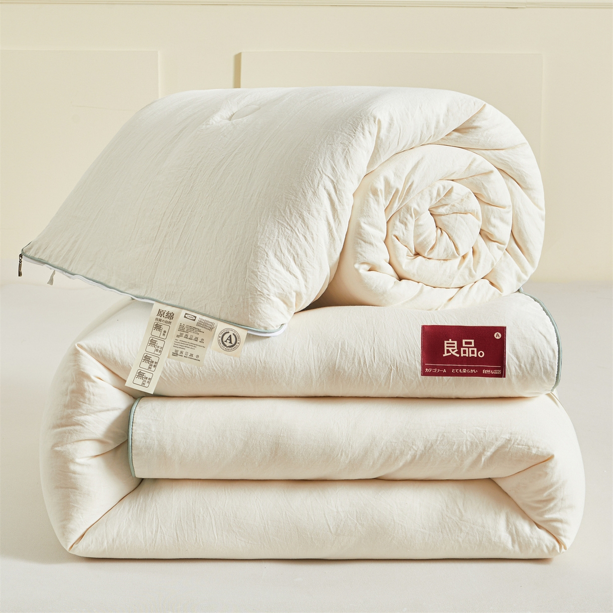 91家纺网 家纺一手货源 找家纺 逸居家纺 2025新款A类水洗棉立体边良品大豆被子母被 良品大豆子母被-白拼豆绿