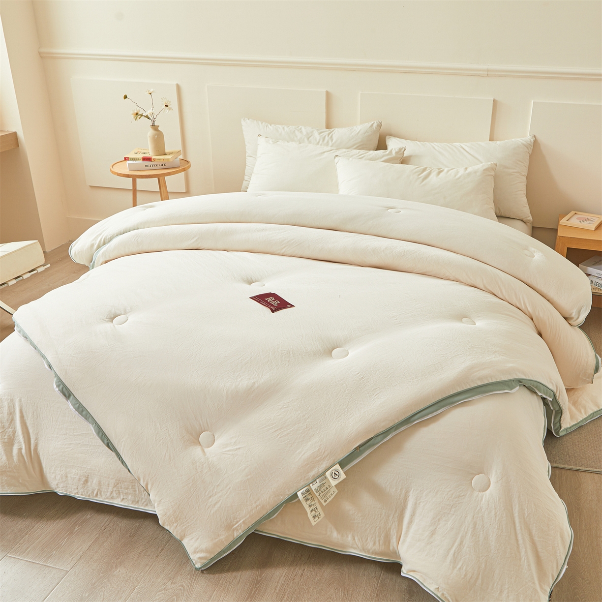 91家纺网 家纺一手货源 找家纺 逸居家纺 2025新款A类水洗棉立体边良品大豆被子母被 良品大豆子母被-白拼豆绿