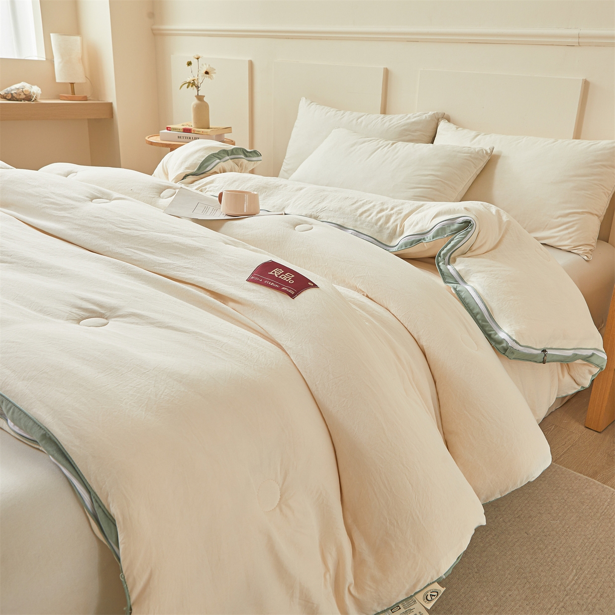 91家纺网 家纺一手货源 找家纺 逸居家纺 2025新款A类水洗棉立体边良品大豆被子母被 良品大豆子母被-白拼豆绿