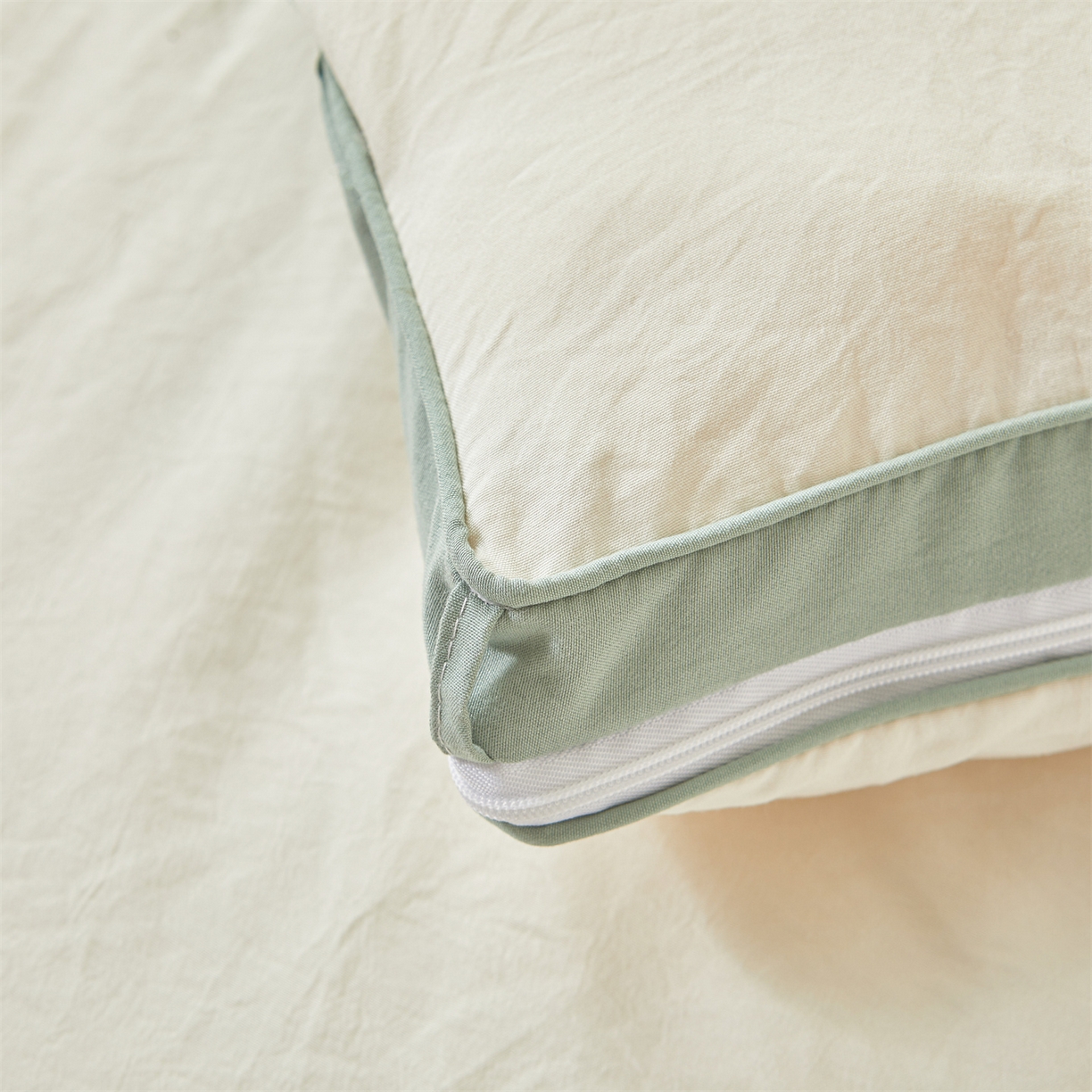 91家纺网 家纺一手货源 找家纺 逸居家纺 2025新款A类水洗棉立体边良品大豆被子母被 良品大豆子母被-白拼豆绿
