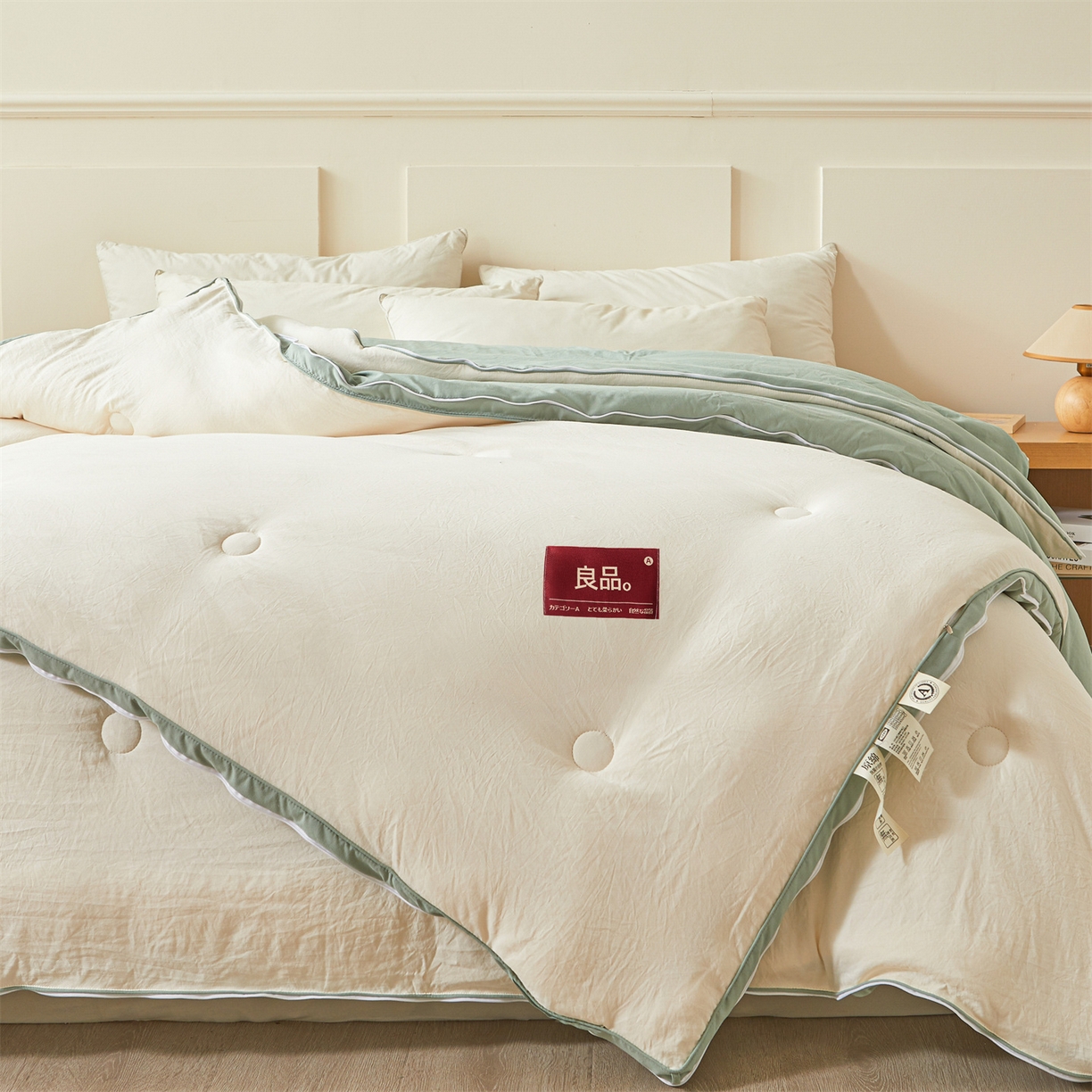91家纺网 家纺一手货源 找家纺 逸居家纺 2025新款A类水洗棉立体边良品大豆被子母被 良品大豆子母被-白拼豆绿