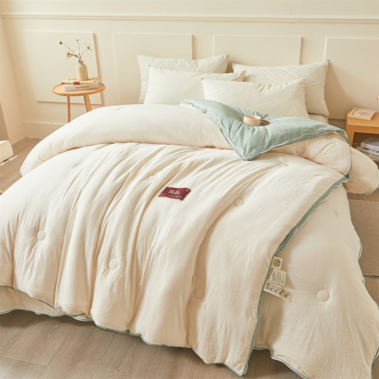 91家纺网 家纺一手货源 找家纺 逸居家纺 2025新款A类水洗棉立体边良品大豆被子母被 良品大豆子母被-白拼豆绿