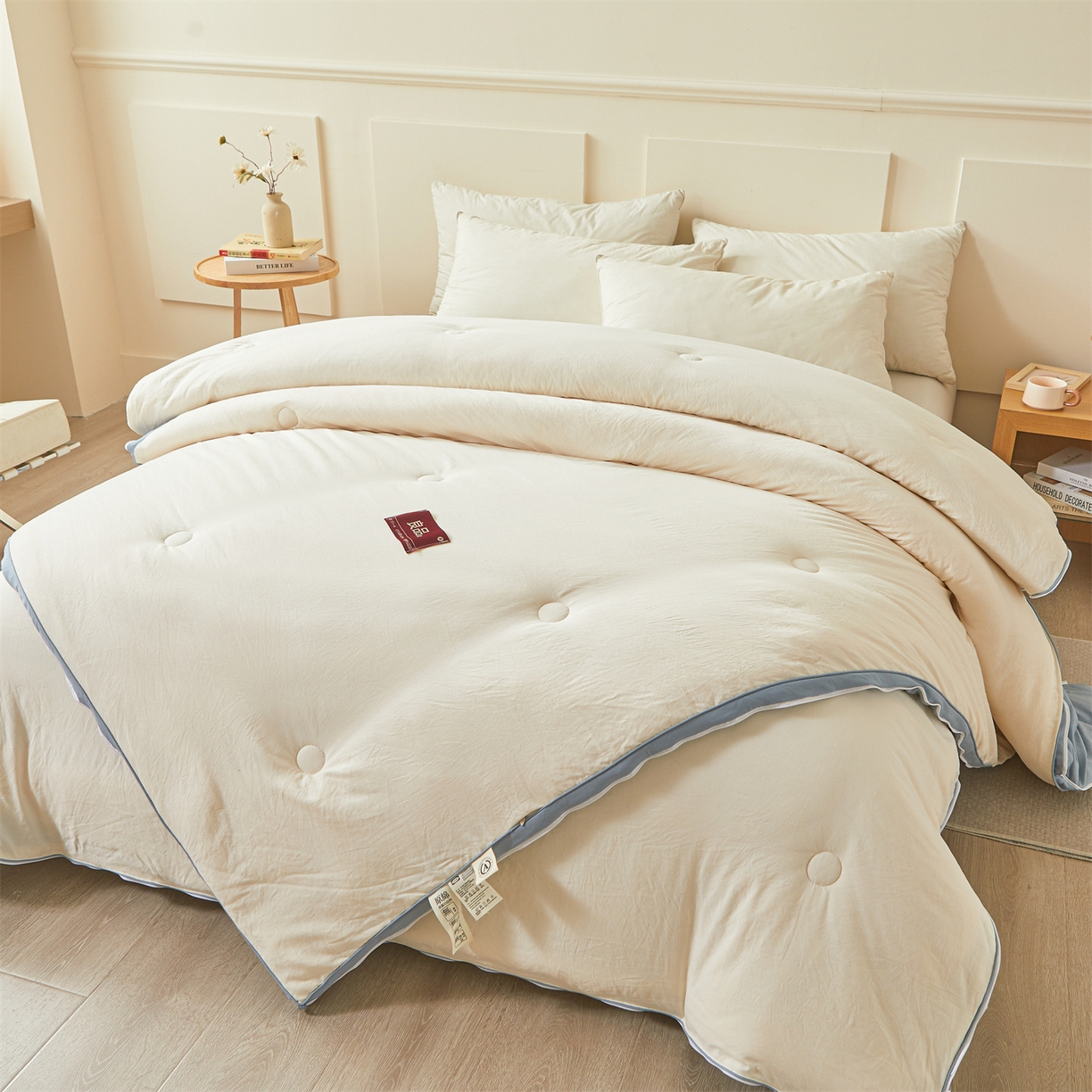 91家纺网 家纺一手货源 找家纺 逸居家纺 2025新款A类水洗棉立体边良品大豆被子母被 良品大豆子母被-白拼海蓝